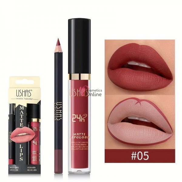Gloss pentru buze USHAS Gloss Matt 24H cu 1 Creion pentru contur - UH05 Red Garnet